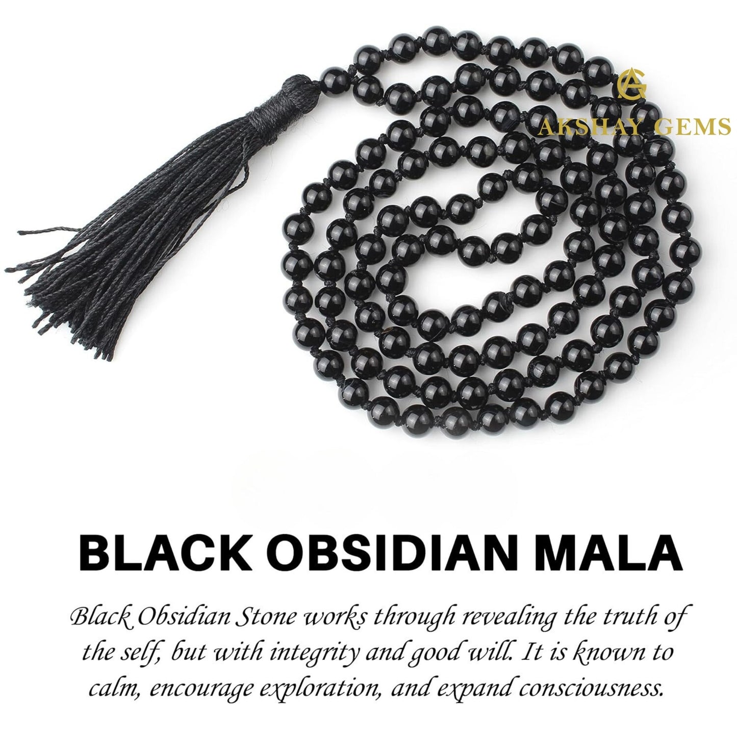 Black Obsidian Mala Necklace Knotted 108 Mala Beads, 108 Prayer Beads, Buddhist Meditation Mala