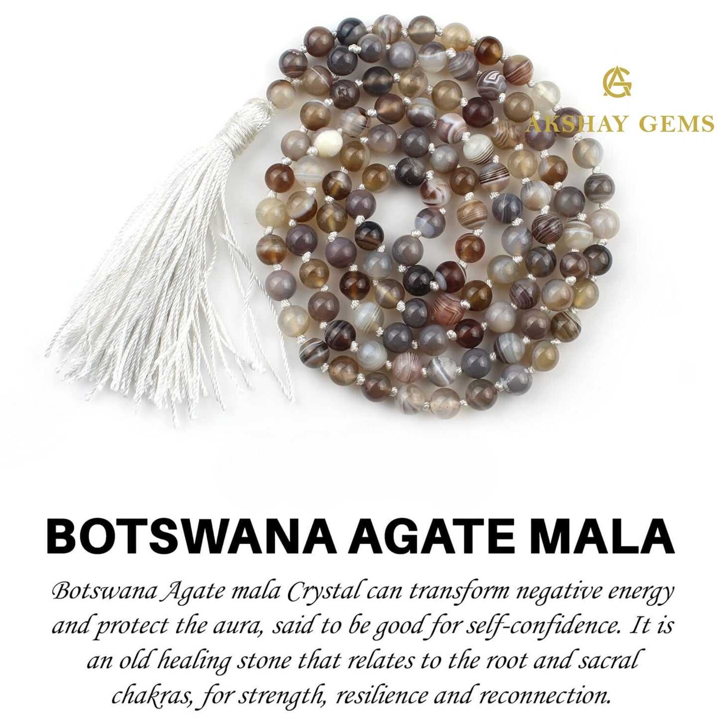 Botswana Agate Mala Necklace Knotted 108 Mala Beads, 108 Prayer Beads, Buddhist Meditation Mala