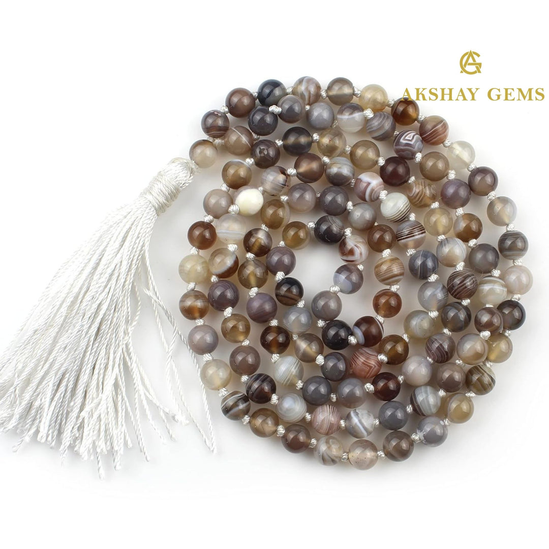 Botswana Agate Mala Necklace Knotted 108 Mala Beads, 108 Prayer Beads, Buddhist Meditation Mala - Akshay Gems