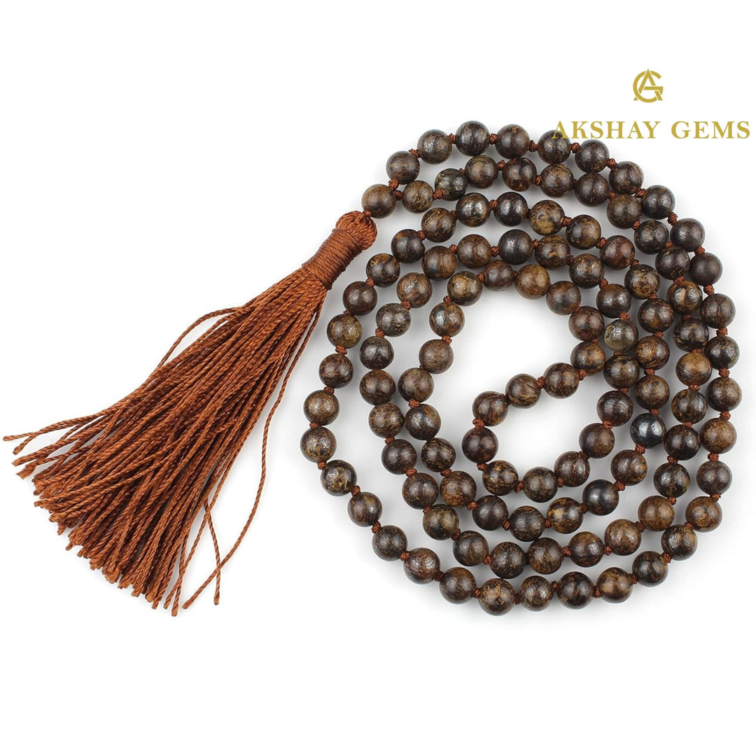 Bronzite Mala Necklace Knotted 108 Mala Beads, 108 Prayer Beads, Buddhist Meditation Mala - Akshay Gems