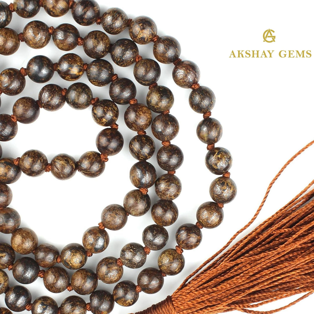 Bronzite Mala Necklace Knotted 108 Mala Beads, 108 Prayer Beads, Buddhist Meditation Mala - Akshay Gems