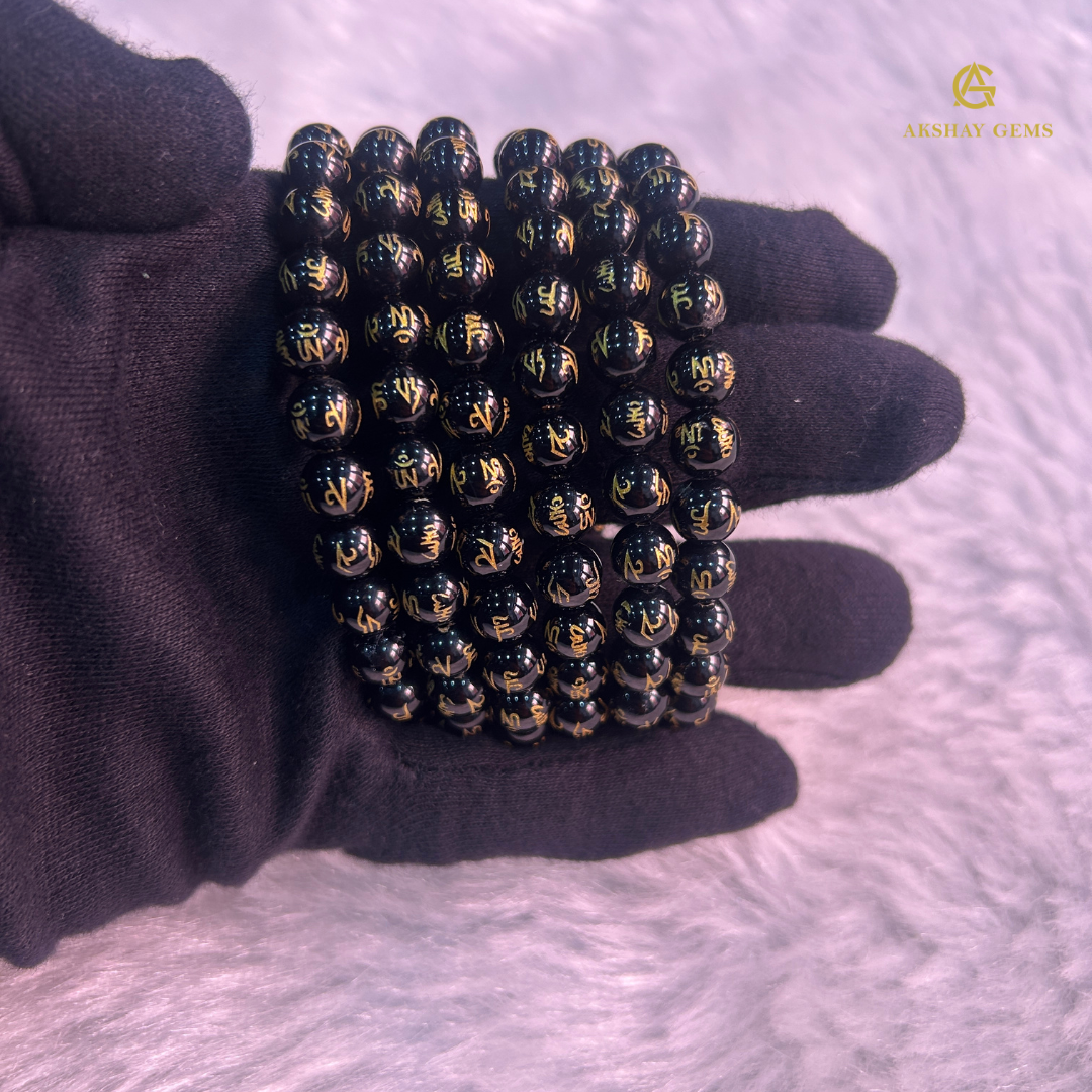 NATURAL OM MANI PADME HUM BLACK ONYX BRACELET
