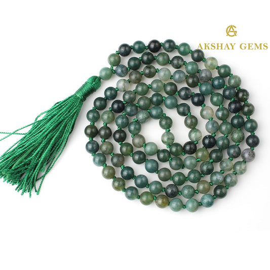 Moss Agate Mala Necklace 108 Mala Beads, 108 Prayer Beads, Buddhist Meditation Mala