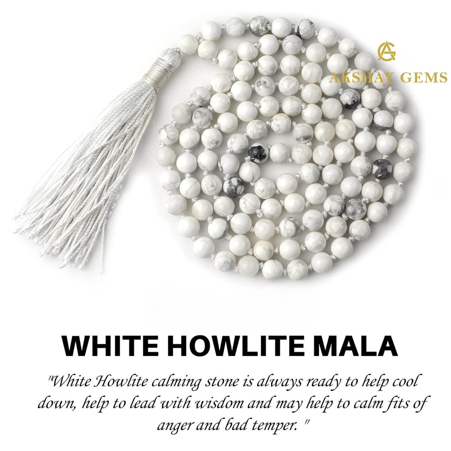 White Howlite Mala Necklace 108 Mala Beads, 108 Prayer Beads, Buddhist Meditation Mala