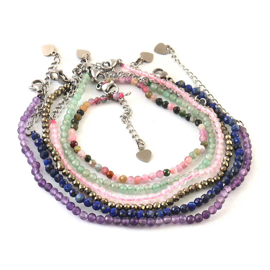 Set of 6 Natural Small Beads Stone Bracelets – 3mm Faceted Crystal Beads (Amethyst, Rose Quartz, Pyrite, Lapis, Green Aventurine & Multi Tourmaline)