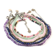 Set of 6 Natural Small Beads Stone Bracelets – 3 mm Faceted Crystal Beads (Amethyst, Rose Quartz, Pyrite, Lapis, Green Aventurine & Multi Tourmaline) - Akshay Gems