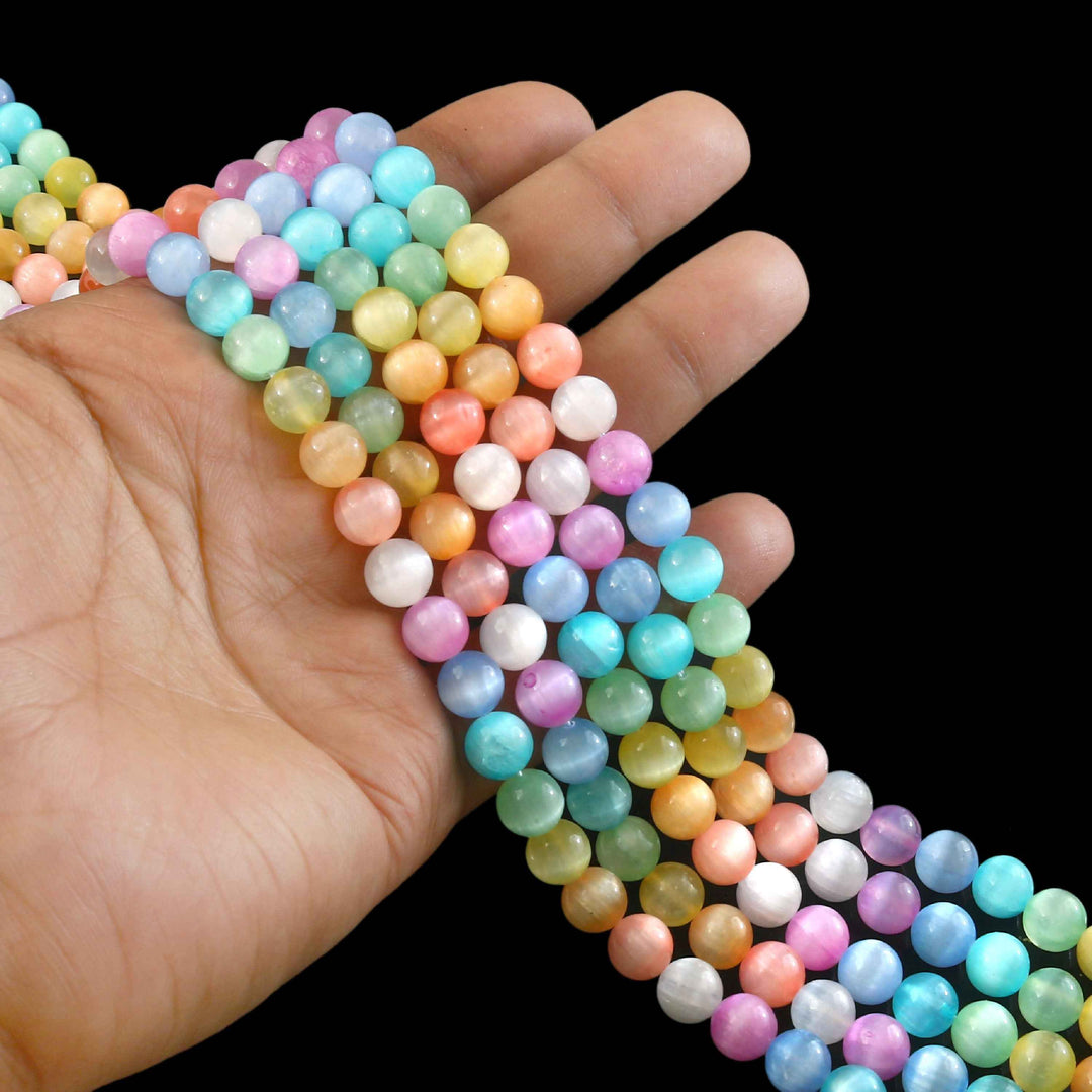 8mm Multicolor Selenite Beads String – Natural Cat’s Eye Finish Round Beads for Jewellery Making (Wholesale)