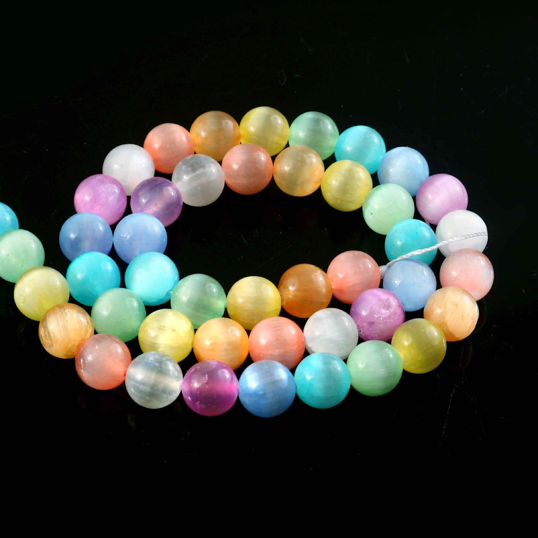 8mm Multicolor Selenite Beads String – Natural Cat’s Eye Finish Round Beads for Jewellery Making (Wholesale)