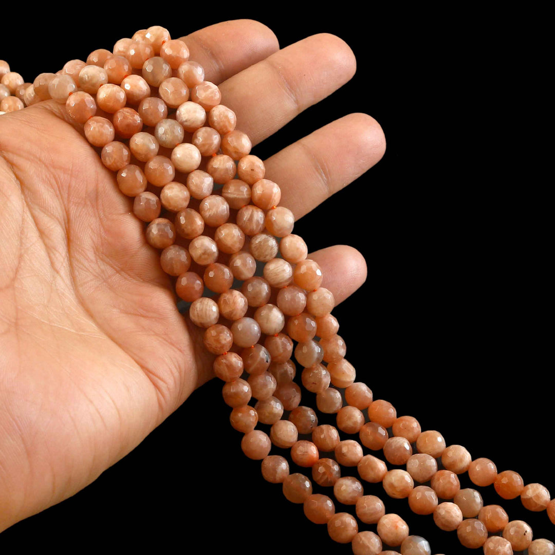 8mm Faceted Sunstone Beads String – Natural Peach Orange Gemstone Round Beads for Jewellery Making (Wholesale)