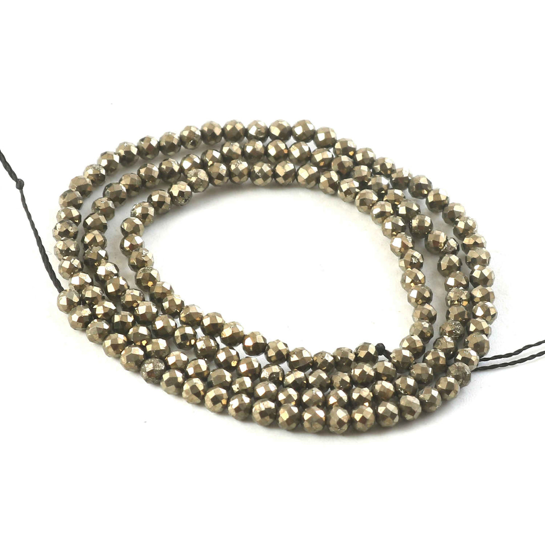 3mm Natural Pyrite Faceted Beads String – Metallic Gold Round Gemstone Loose Beads for Jewellery Making (Wholesale)