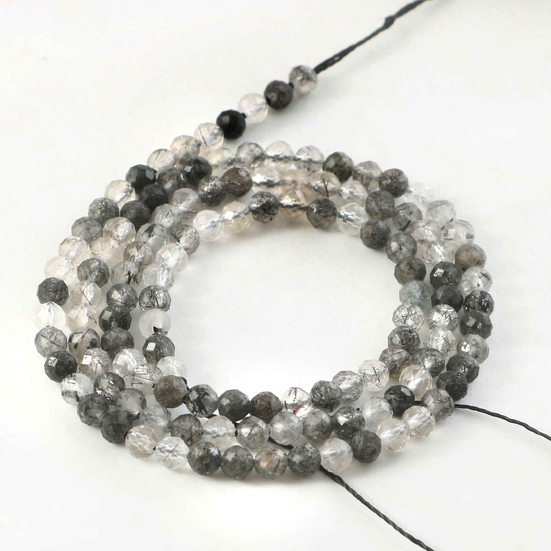 3mm Natural Black Rutile Quartz Faceted Beads String – Grey Clear Round Gemstone Loose Beads for Jewellery Making (Wholesale)