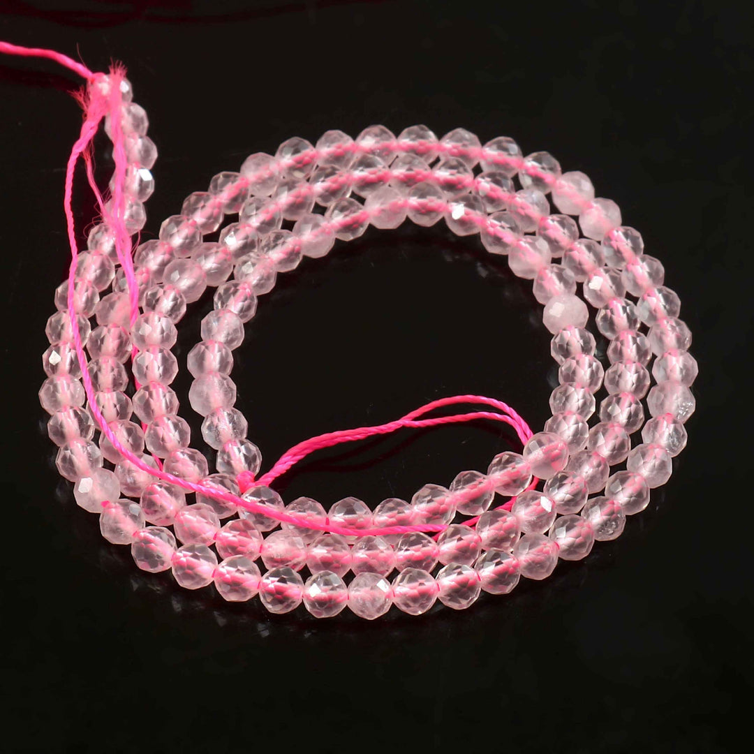 3mm Natural Rose Quartz Faceted Beads String – Soft Pink Round Gemstone Loose Beads for Jewellery Making (Wholesale)