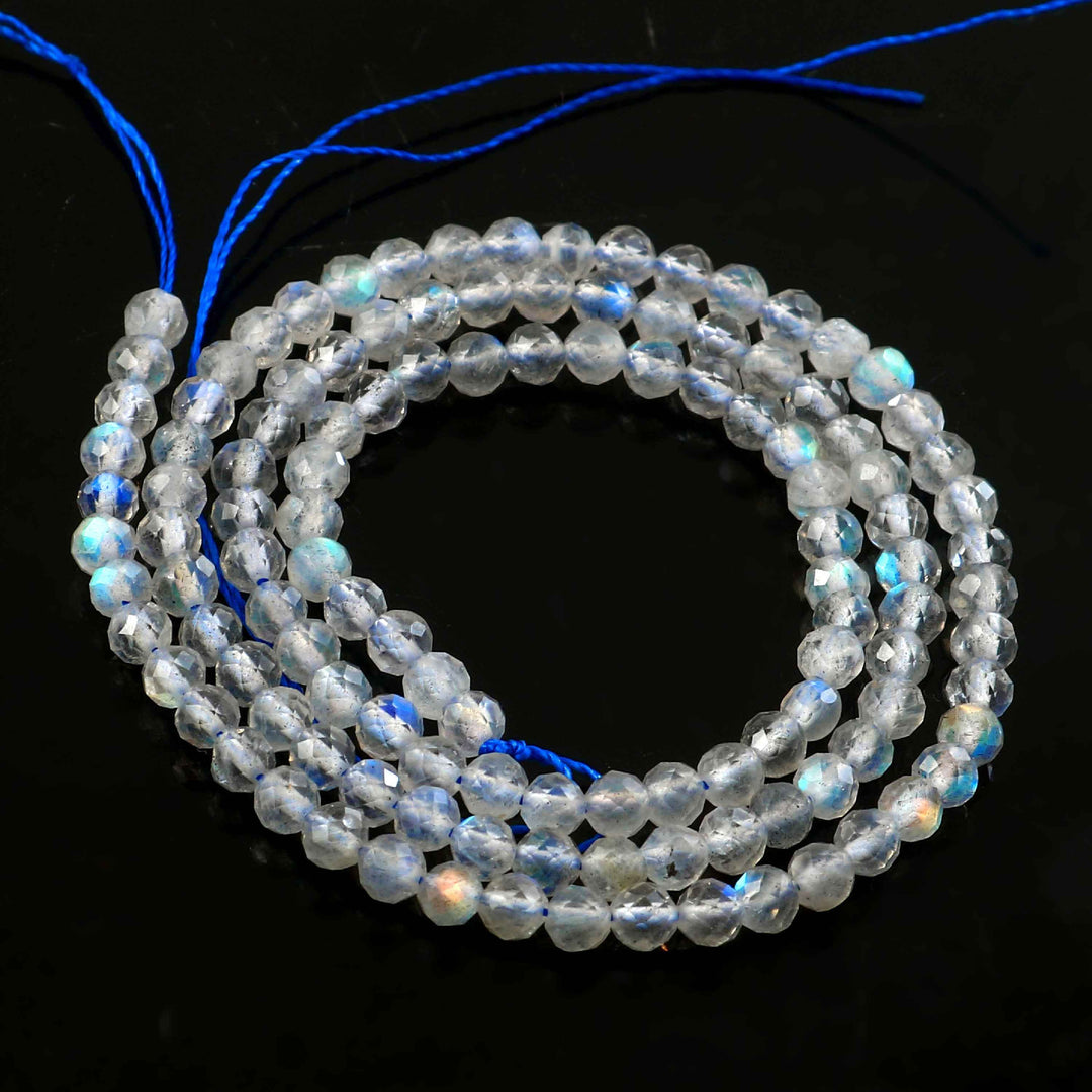 3mm Natural Labradorite Faceted Beads String – Flashy Grey Blue Round Gemstone Loose Beads for Jewellery Making (Wholesale)