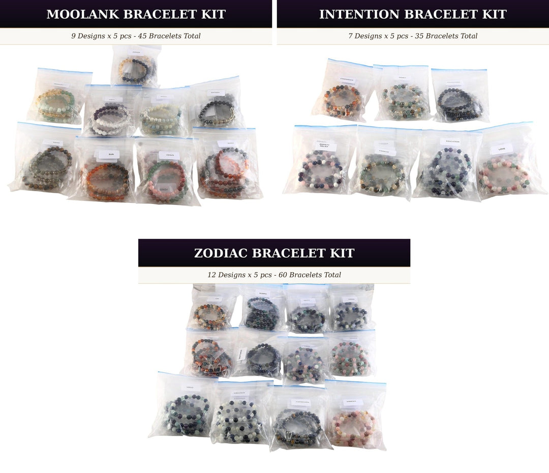Crystal Bracelet Mega Starter Kit | Zodiac + Moolank + Intention | 28 Designs | 140 Pcs | 8mm Natural Gemstone | Wholesale